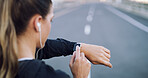 Runner, smart watch and check with woman in city for performance stats, location tracking and fitness. Health app, stopwatch timer and workout lap with person and wristwatch for heart rate monitor