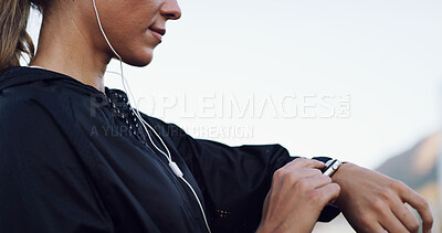 Buy stock photo Runner, smart watch and start with hands and woman for performance stats, location tracking and fitness. Health app, stopwatch timer and workout lap with person in city for heart rate monitor