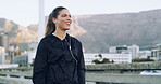 Vision, earphones and runner with woman in city for workout playlist, streaming and thinking. Exercise podcast, audio subscription and reflection with person and music outdoor for health and vision