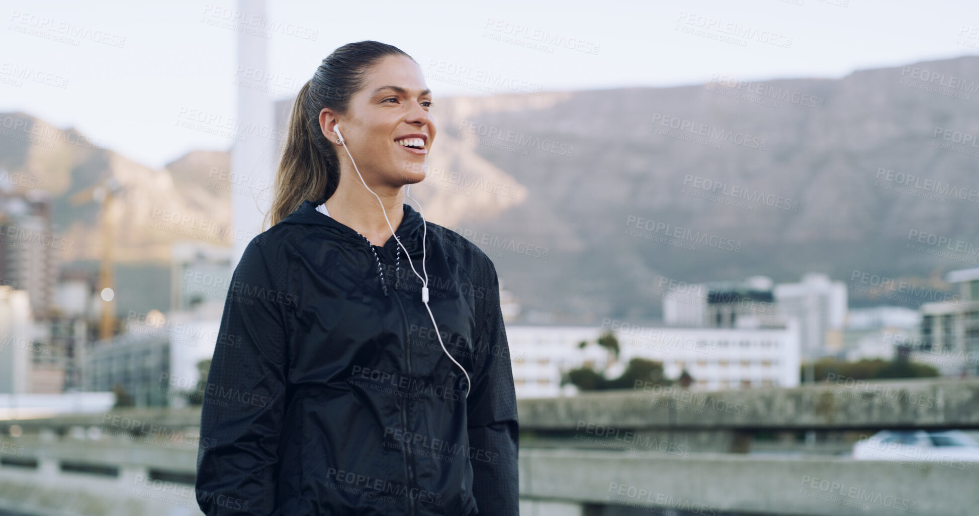 Buy stock photo Vision, earphones and runner with woman in city for workout playlist, streaming and thinking. Exercise podcast, audio subscription and reflection with person and music outdoor for health and smile