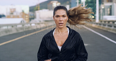 Buy stock photo Woman, running or exercise in city with energy, cardio health or wellness outdoor. Marathon preparation, endurance training or runner on urban street for sports, workout and fitness routine on bridge