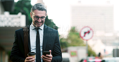 Buy stock photo Businessman, phone and happy in city, texting or notification for good news on commute with coffee. Mature person, smile and smartphone with mobile app, drink and social media on road in Argentina