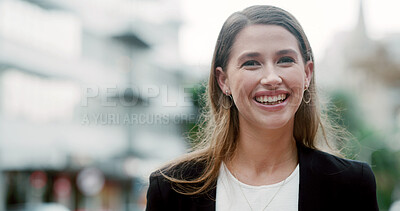 Buy stock photo Happy, city and portrait of business woman with pride for urban development, real estate and career. Professional, space and person smile for town planning, commercial building and property growth