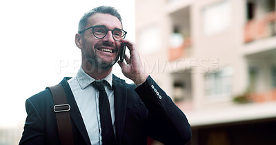 Buy stock photo Phone call, happy and businessman in city with communication or contact for finance deal. Talking, cellphone and male financial manager on mobile discussion or networking for investment negotiation.