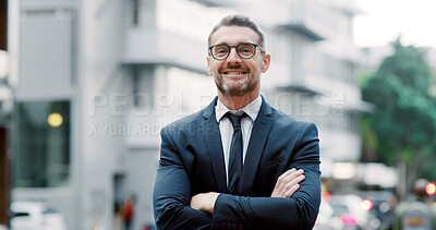 Buy stock photo Happy, city and portrait of businessman with crossed arms for urban development, real estate and career. Professional, worker and person for town planning, commercial building and property growth