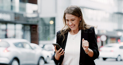 Buy stock photo Business woman, phone and celebration in city, excited or notification for good news on commute. Person, smartphone and achievement with job promotion, goals and success with mobile app in Australia