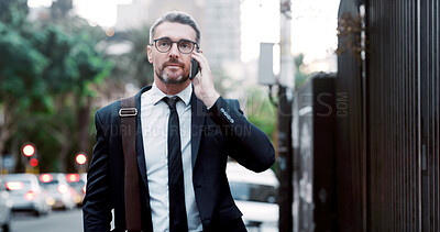 Buy stock photo Phone call, serious and businessman in city with communication or contact for finance deal. Talking, cellphone and mature financial manager on mobile discussion for investment negotiation in town.