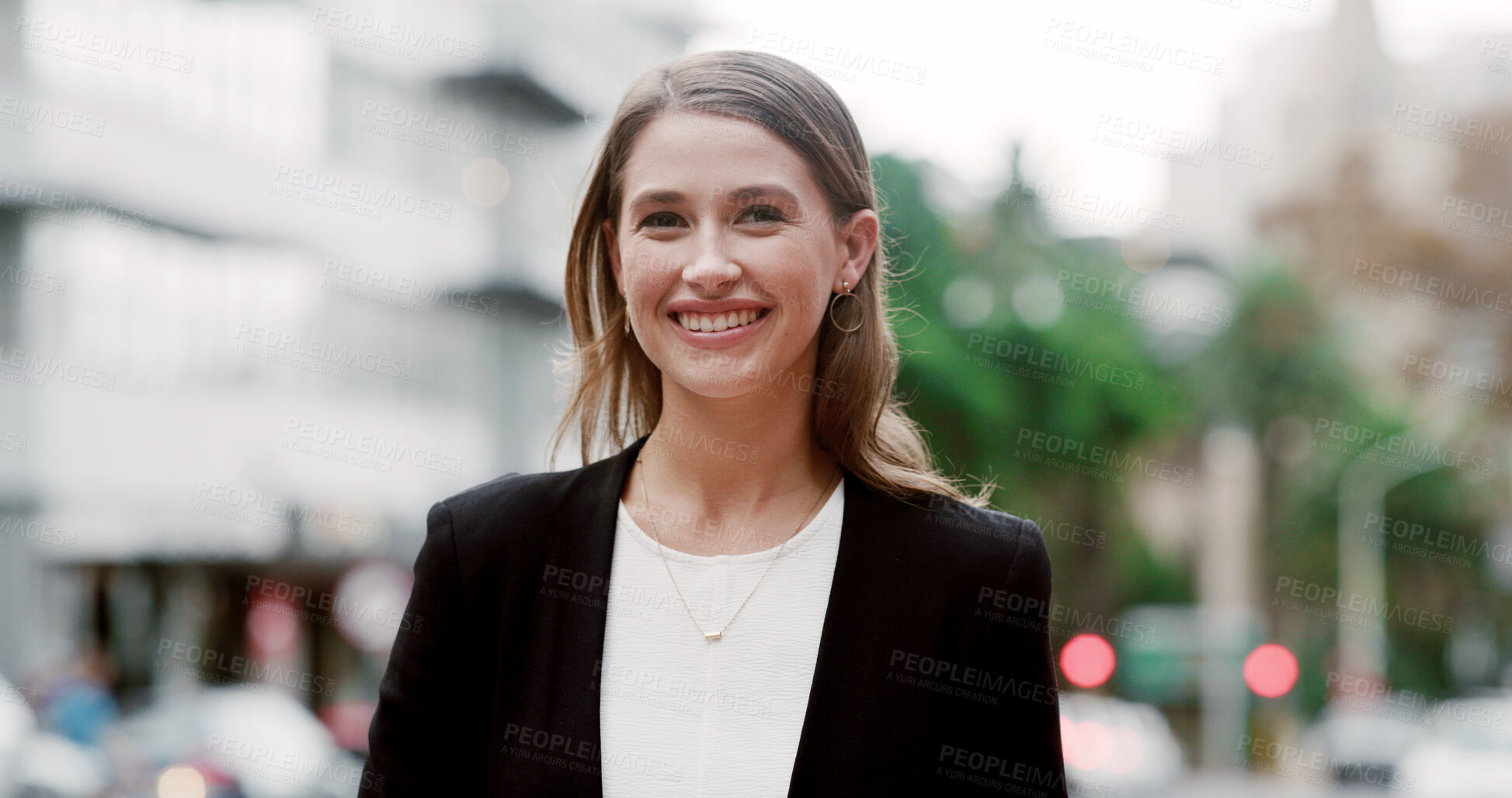 Buy stock photo Happy, city and portrait of business woman with pride for legal advisor, trial consultant and case worker. Professional, corporate lawyer and person with smile for opportunity, career and justice