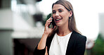 Business, phone call and woman in city, chatting and communication with negotiation. Outdoor, person and consultant with cellphone, smile and contact with feedback for project, app and conversation