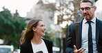 Laughing, walking and team with business people in city for funny, lawyer partnership and discussion. Advocate collaboration, joke and talking with man and woman outdoor for coworker and meeting