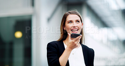 Buy stock photo Business, phone call and woman in city, loudspeaker and communication with b2b deal. Outdoor, person and employee with cellphone, smile and negotiation with planning for deadline and voice message