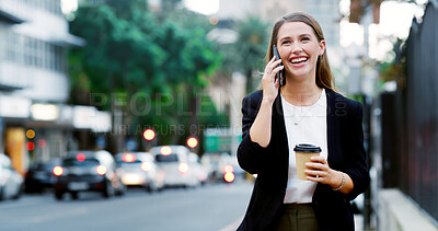 Buy stock photo Business, phone call and woman in city, coffee and communication with smile, app and travel. Outdoor, person and agent with smartphone and negotiation with discussion, commute or talking with contact