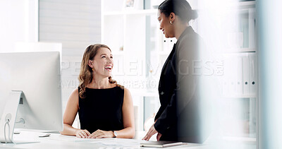 Buy stock photo Teamwork, advice and business women with computer for report, consulting and discussion on project. Talking, planning and brainstorming with people, smile and manager for proposal review in office