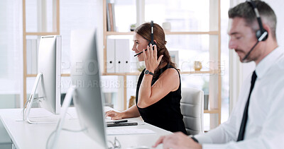 Buy stock photo Customer service, call center and business woman in office on computer for online help, contact and consulting. Headset, coworking and workers for communication, virtual assistance and crm support