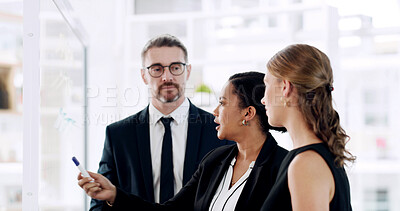 Buy stock photo Glass, group and team in office, talking and brainstorming for investment strategy, meeting and plan. Collaboration, financial analyst and people with ideas for business development and discussion