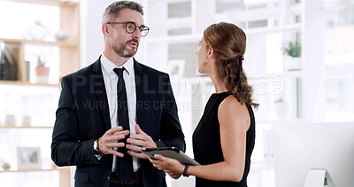 Buy stock photo Office, meeting and business people on tablet for legal consulting, case review and planning. Collaboration, attorney team and man with woman on digital tech for trial research, advice and proposal