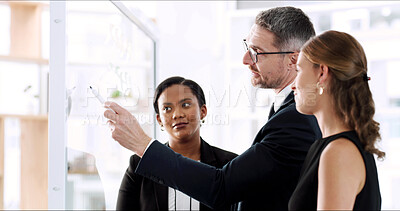 Buy stock photo Glass, team and planning for project, office or brainstorming for investment strategy or discussion. Collaboration, colleagues and people with idea for proposal, financial analyst or business meeting