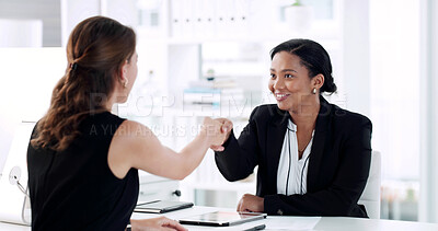 Buy stock photo Shaking hands, deal and business women in office with finance agreement, negotiation or meeting. Welcome, corporate and financial manager with client for handshake on investment proposal in workplace