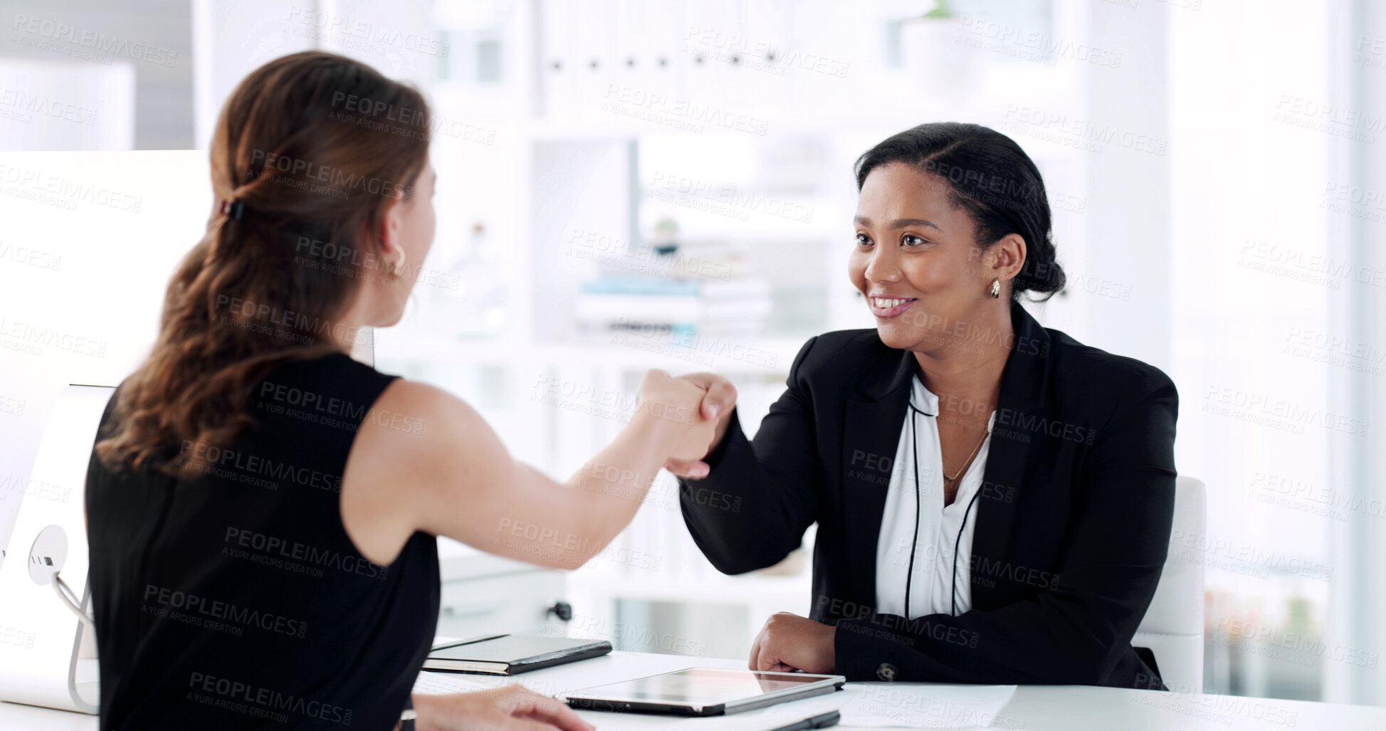 Buy stock photo Shaking hands, deal and business women in office with finance agreement, negotiation or meeting. Welcome, corporate and financial manager with client for handshake on investment proposal in workplace