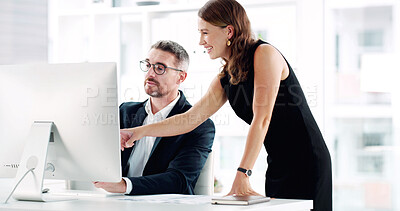 Buy stock photo Pointing, teamwork and computer with business people in office for help, insurance review and feedback. Client application, risk assessment report and collaboration with employees for training