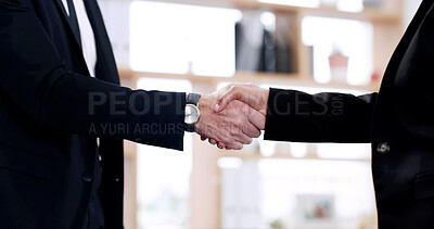 Buy stock photo Handshake, teamwork and closeup with business people in office for partnership, greeting and welcome. Success, contract and b2b deal with employees shaking hands for support, thank you and agreement
