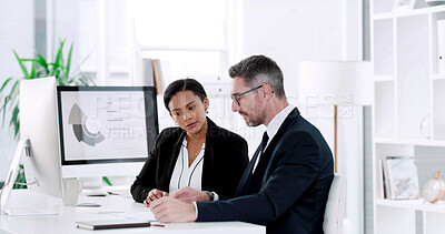 Buy stock photo Teamwork, planning and business people with graphs for report, consulting and discussion on project. Computer, advice and brainstorming with man, woman or manager for proposal review in office