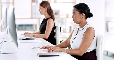 Buy stock photo Computer, team and typing with business woman in office for research, insurance review and email feedback. Client portfolio, risk assessment report and coworking with employees in agency for update