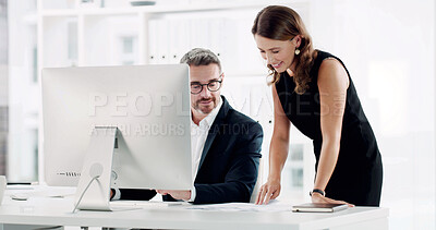 Buy stock photo Documents, teamwork and computer with business people in office for help, insurance review and feedback. Client application, risk assessment report and collaboration with employees for training