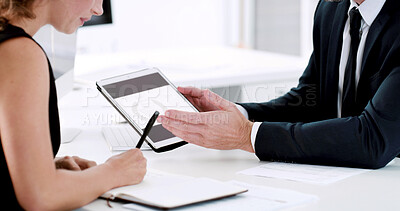 Buy stock photo Business people, hands or writing with tablet for statistics, analytics or performance review. Businessman, woman or financial analyst with documents, notes or technology for finance report in office