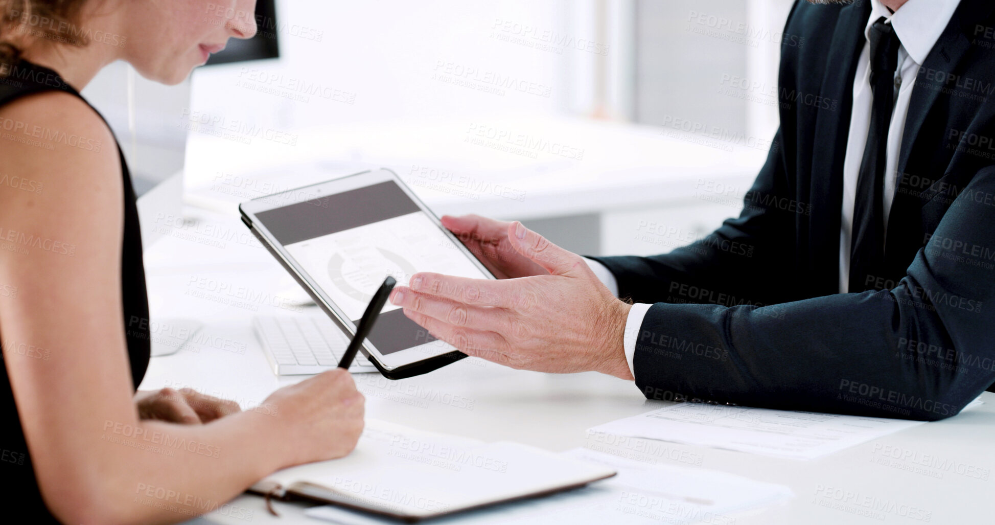 Buy stock photo Business people, hands or writing with tablet for statistics, analytics or performance review. Businessman, woman or financial analyst with documents, notes or technology for finance report in office