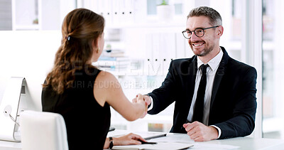 Buy stock photo Shaking hands, deal and business people in office with finance agreement, negotiation or meeting. Welcome, smile and financial manager with client for handshake on investment proposal in workplace.