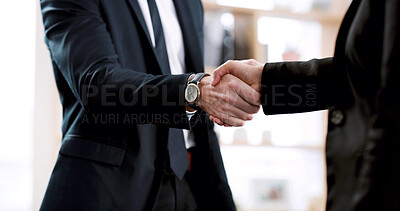Buy stock photo Handshake, closeup and meeting with business people in office for partnership, greeting and welcome. Success, contract and b2b deal with employees shaking hands for support, thank you and agreement