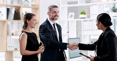 Buy stock photo Handshake, teamwork and meeting with business people in office for partnership, greeting and welcome. Success, contract and b2b deal with employees shaking hands for support, thank you and agreement
