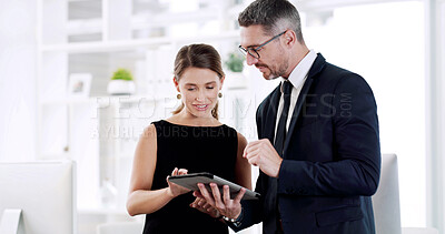 Buy stock photo Corporate, meeting and business people on tablet in office for legal consulting, case review and planning. Collaboration, attorney and man with woman on digital tech for research, advice and feedback