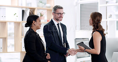 Buy stock photo Handshake, smile and meeting with business people in office for partnership, greeting and welcome. Success, contract and b2b deal with employees shaking hands for support, thank you and agreement