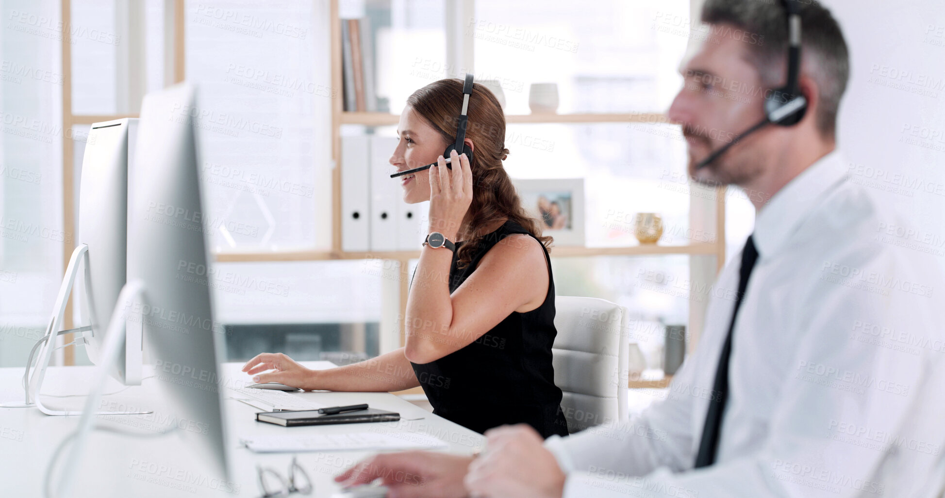 Buy stock photo Customer service, call center and business people with advice, computer and online help or consulting. Headset, coworking and workers for communication, virtual assistance and crm support in office