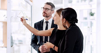 Buy stock photo Team, writing and meeting for project, glass and brainstorming for investment strategy and planning. Collaboration, colleagues and people with ideas for proposal, financial analyst or notes in office