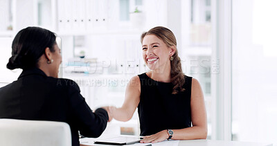 Buy stock photo Shaking hands, greeting and business women in office with finance agreement, negotiation or meeting. Welcome, deal and financial manager with client for handshake on investment proposal in workplace