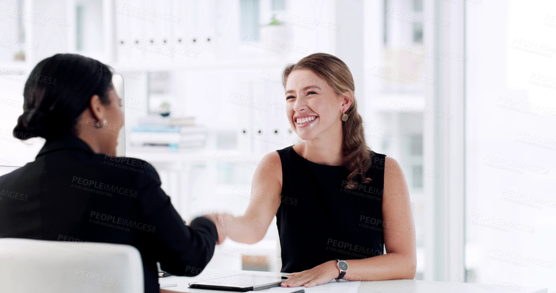 Buy stock photo Shaking hands, greeting and business women in office with finance agreement, negotiation or meeting. Welcome, deal and financial manager with client for handshake on investment proposal in workplace