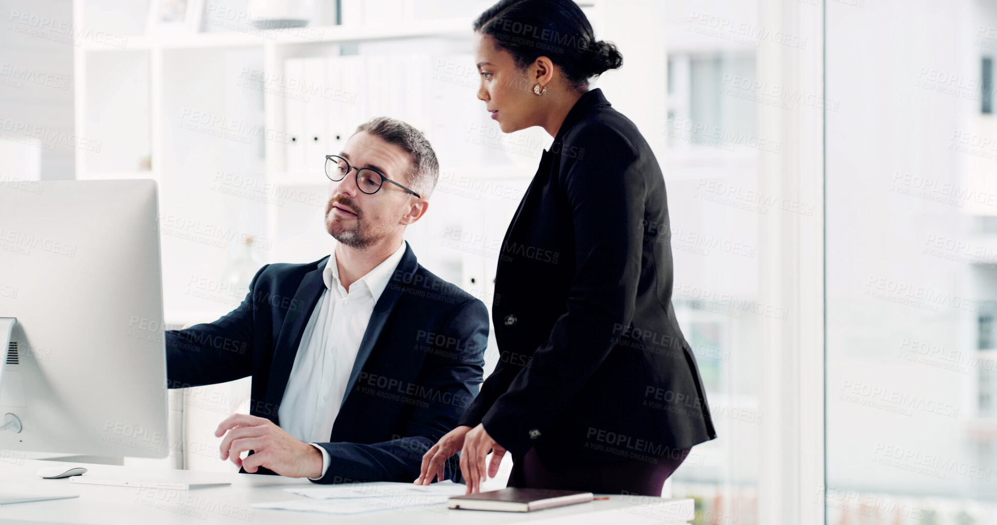 Buy stock photo Business, help and people in office, computer and financial agency with conversation. Employees, PC and consultant in workplace, discussion and email with feedback, budget report and teamwork