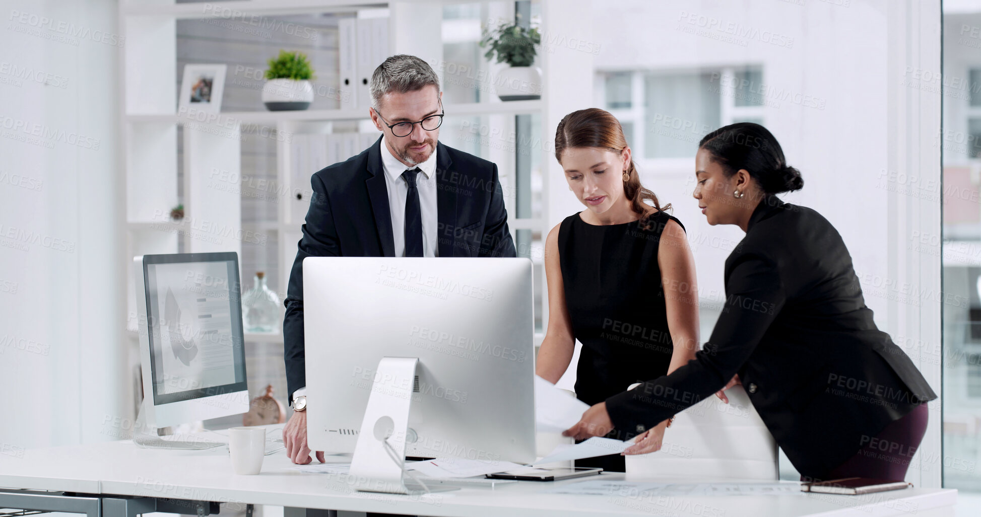 Buy stock photo Planning, documents and discussion with business people in meeting for teamwork, financial research and budget. Account brainstorming, assets portfolio and partnership with employees in office