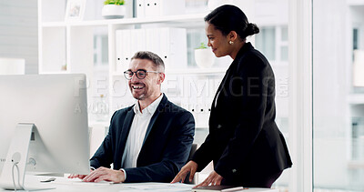Buy stock photo Smile, teamwork and computer with business people in office for help, insurance review and feedback. Client application, risk assessment report and collaboration with employees for training together