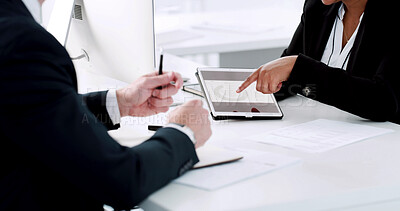 Buy stock photo Business, tablet and people in office, financial agency and planning with profit increase. Employees, accounting or consultant with fintech, growth or digital app with revenue, research or investment