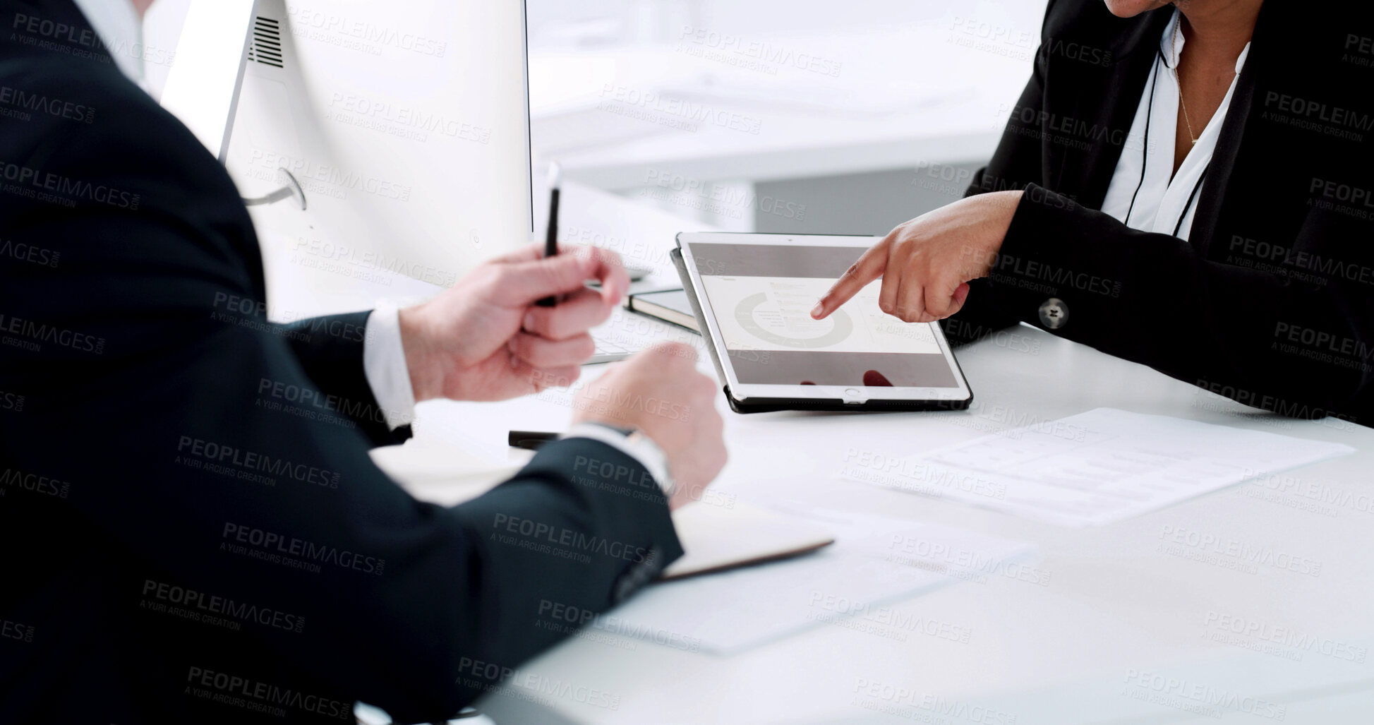 Buy stock photo Business, tablet and people in office, financial agency and planning with profit increase. Employees, accounting or consultant with fintech, growth or digital app with revenue, research or investment