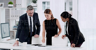 Buy stock photo Tablet, documents and discussion with business people in meeting for teamwork, financial research and budget. Account brainstorming, assets portfolio and partnership with employees in office