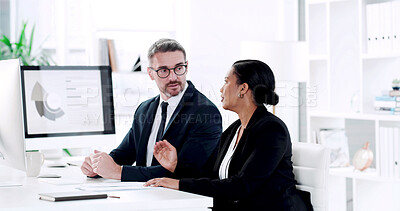 Buy stock photo Teamwork, advice and business people with graphs for report, consulting and discussion on project. Computer screen, planning and brainstorming with man, woman or manager for proposal review in office