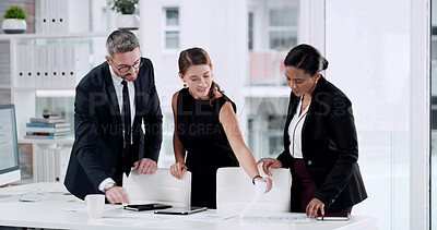 Buy stock photo Teamwork, documents and discussion with business people in meeting for planning, financial research and budget. Account brainstorming, assets portfolio and partnership with employees in office