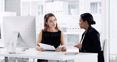 Buy stock photo Teamwork, advice and business women with paperwork for report, consulting and discussion on project. Computer, planning and brainstorming with people, talk and manager for proposal review in office