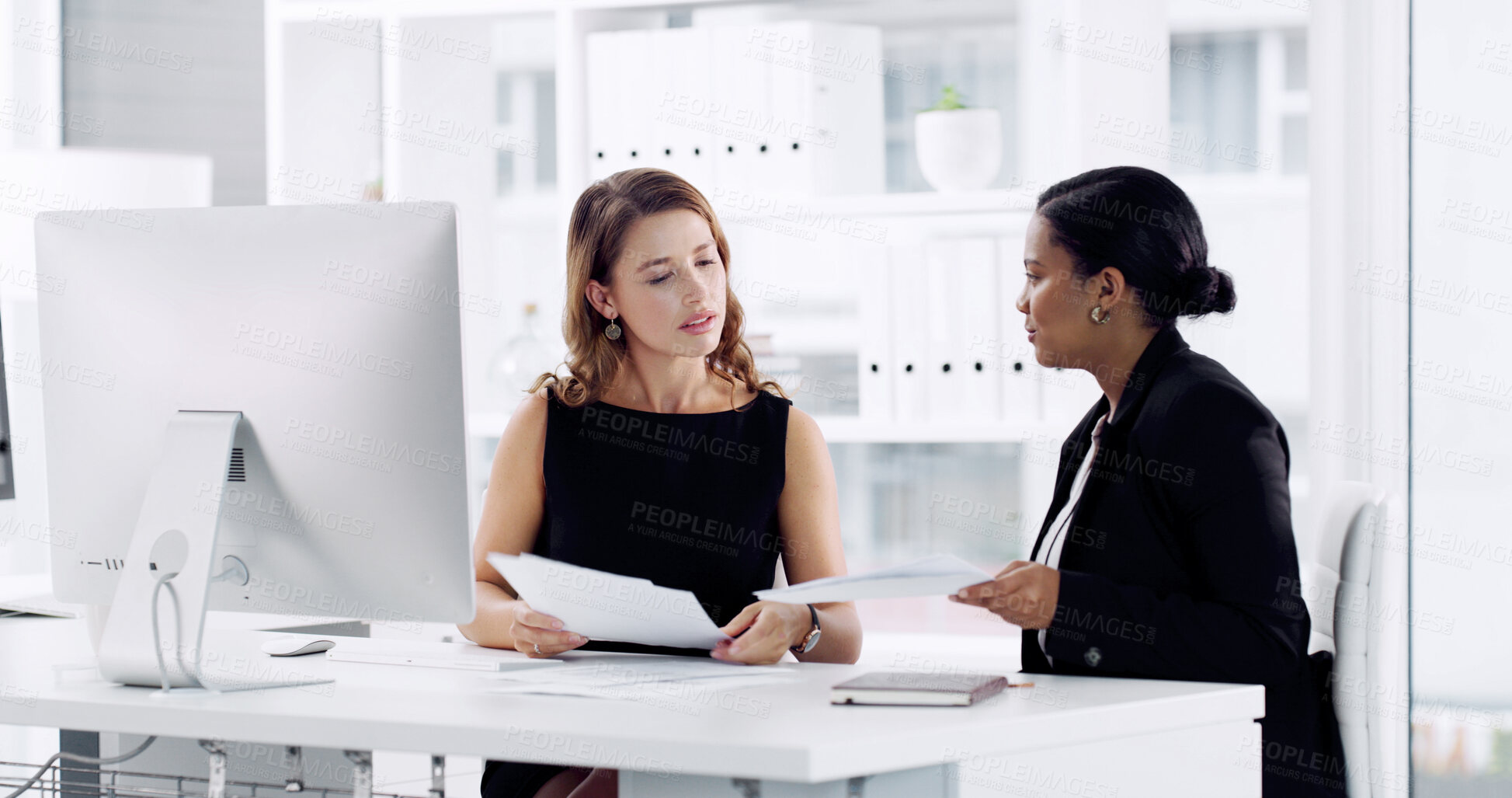 Buy stock photo Teamwork, advice and business women with paperwork for report, consulting and discussion on project. Computer, planning and brainstorming with people, talk and manager for proposal review in office