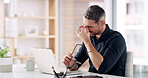Businessman, laptop and stress with headache or eye strain in office for mistake or burnout. Man, employee or migraine with pain or injury for overworked pressure, deadline or fatigue in workplace